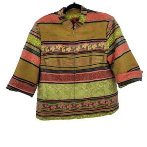 Joni B Band Zip Blazer XL Lime Green Coral Embroidered‎ Jacquard Patchwork